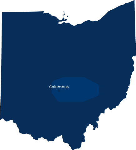 a blue area map of the state of Ohio with Columbus pointed out